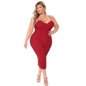 NEW Fashion Nova Need You In Life Ruched Midi Dress Burgundy Red Bodycon Size XL